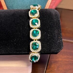 Dramatic Gold Bracelet with Green & White Crystals Women’s Bracelet 7.5”